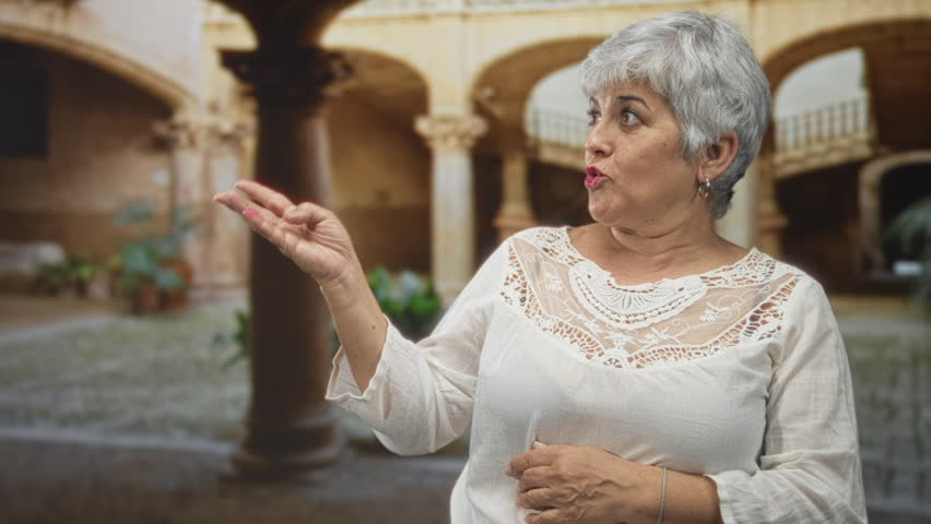 Woman pointing finger, hand on chest, speaking, wearing white lace blouse and hoop earring in a historic building courtyard; curiosity memory.