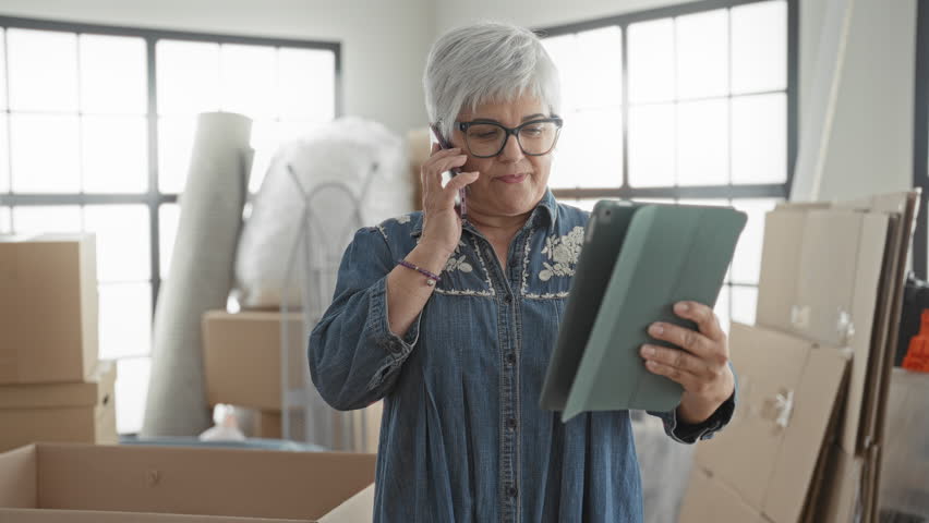 Woman with short gray hair and glasses holding a tablet and phone to her ear while standing among packed moving boxes in a building; optimism planning.