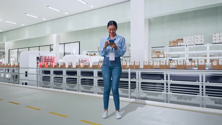 Full Body Of Asian Female With Her Smarphone With Conveyor for Packaging Coffee Beans in Bags at Coffee Factory, Working Continuously