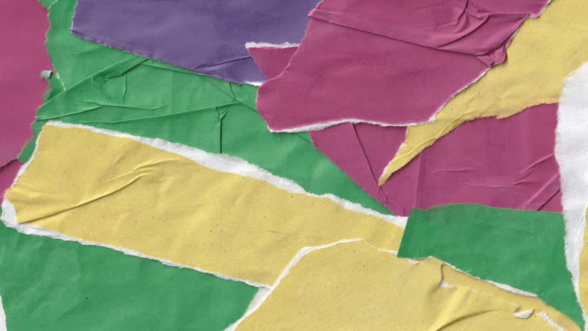 Animated collage of layered colorful torn paper scraps with wrinkled textures and ripped edges in yellow green and magenta for creative video background overlays.
