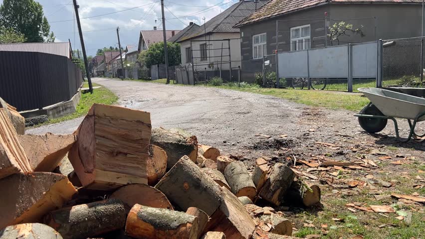 young man distributing firewood in yard
