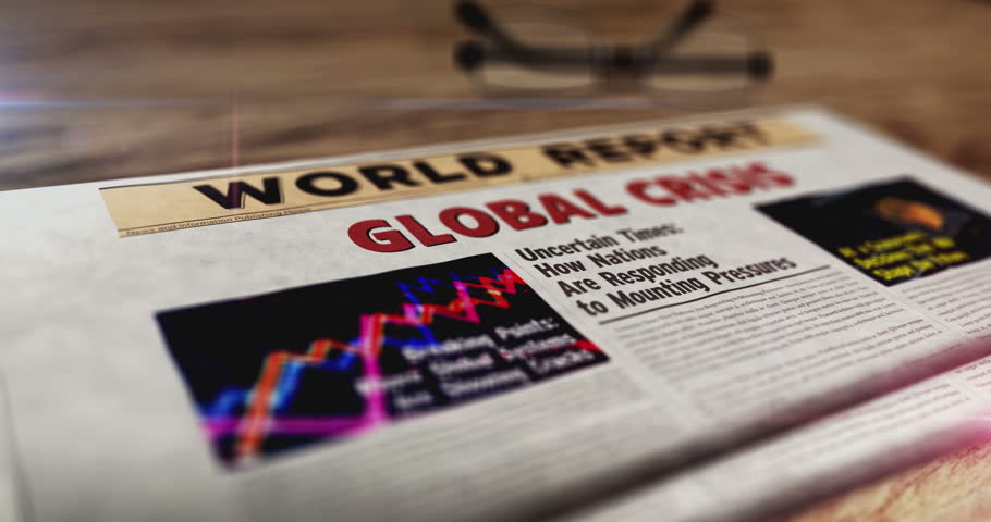 Global crisis daily newspaper on table. Headlines news abstract concept 3d.