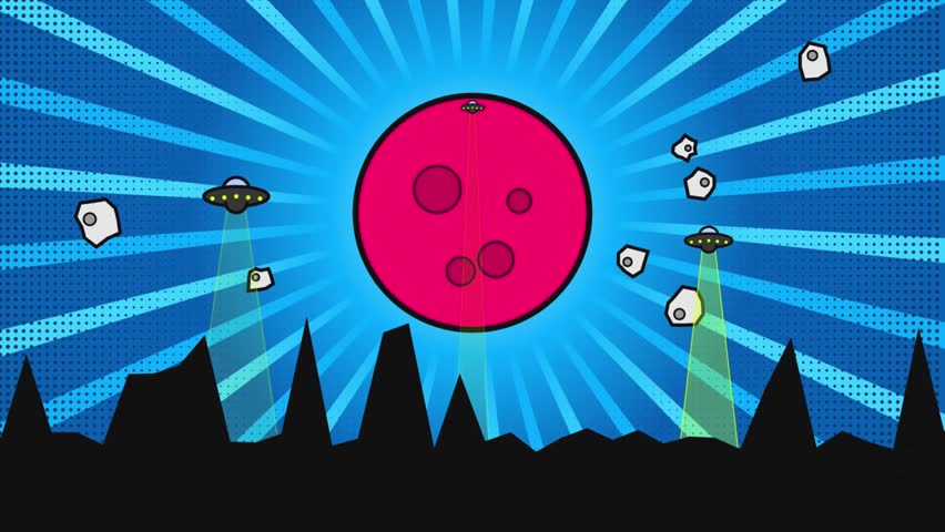 A vibrant comic book style illustration featuring a large red planet, multiple UFOs with tractor beams, and floating asteroids over a dark rocky landscape.