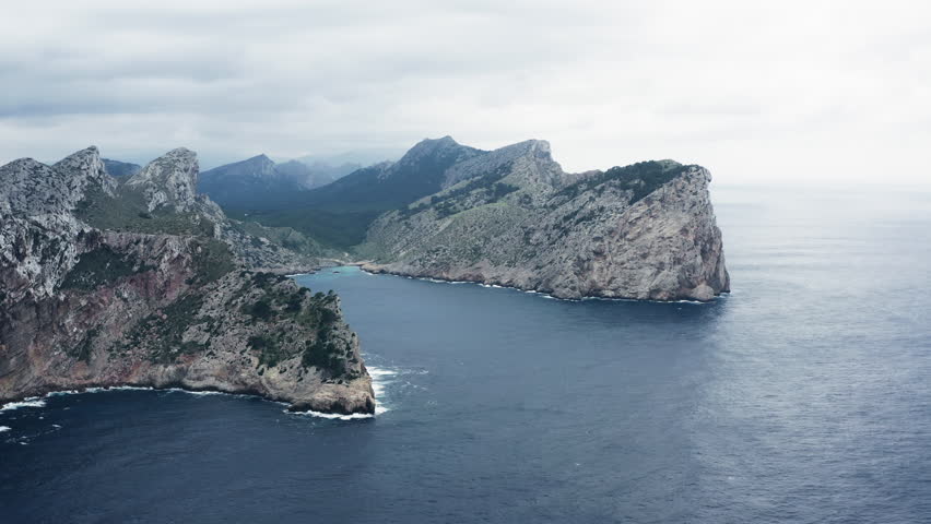 Aerial view of Serra de Tramuntana mountains Mallorca Spain. Nature landscape of Mallorca rocky island in tourist Europe.