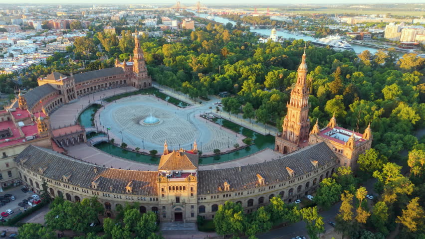 Seville square panorama. Aerial shot of Seville plaza. View from above of historic Seville site