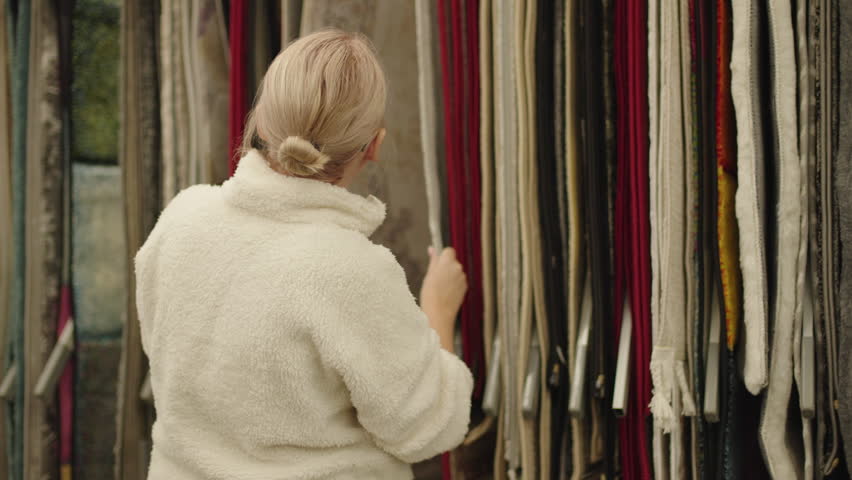 Woman choosing carpet and textile samples in home decor store with colorful fabric rolls and interior design materials.