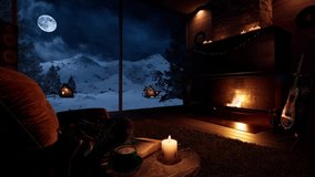 A warm, cozy interior featuring a crackling fireplace, a cup of coffee, and a candle, with a stunning view of moonlit snowy mountains through a large window. High-quality 3D animation for relaxation and ambient background. - Powered by Shutterstock - Get 15% off with code: PIKWIZARD15