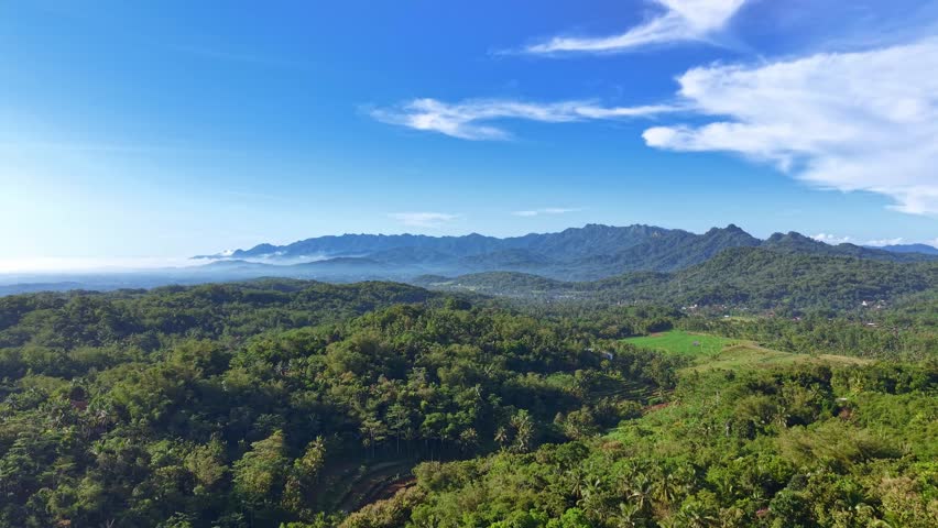 Aerial view of lush green landscape with rolling hills, dense forest, and distant mountains under a clear blue sky, capturing serene natural beauty. Indonesia nature landscape.