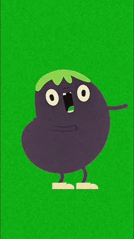 A purple creature with a green hat, large eyes, and a green object in its mouth stands on a solid green background, showcasing a playful and whimsical digital illustration with bold colors and simple