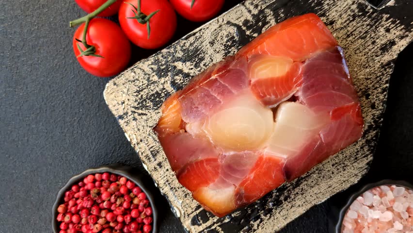Tuna and salmon roll, smoked fish. Tuna and salmon roll as a food background for your design
