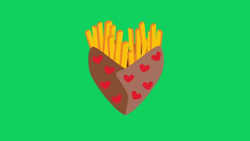 A flat vector illustration of french fries in a paper container with a heart pattern, isolated on a green background.