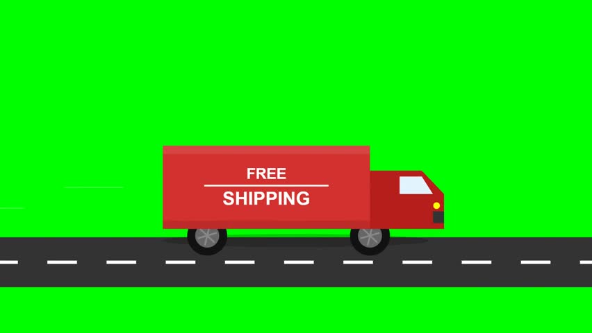 Animated Red Delivery Truck with Free Shipping Text Moving on Road, Green Screen Background