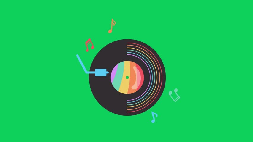 A vibrant vector illustration of a vinyl record playing on a turntable with colorful music notes, isolated on a green