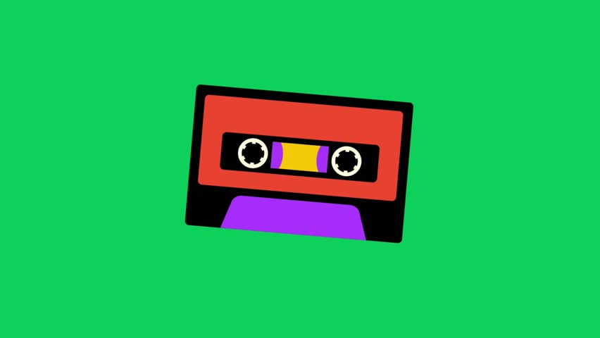 A colorful vector illustration of a cassette tape against a bright green background.
