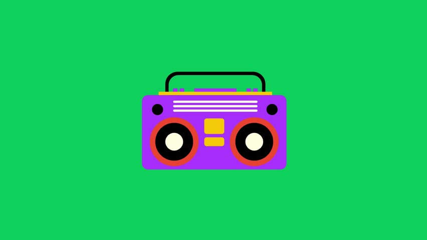 A purple boombox rotates against a vibrant green background in this flat vector illustration, ideal for music or retro-themed projects.