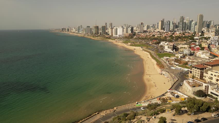 Aerial View of Tel Aviv Skyline and Mediterranean Beach Jaffa Israel
