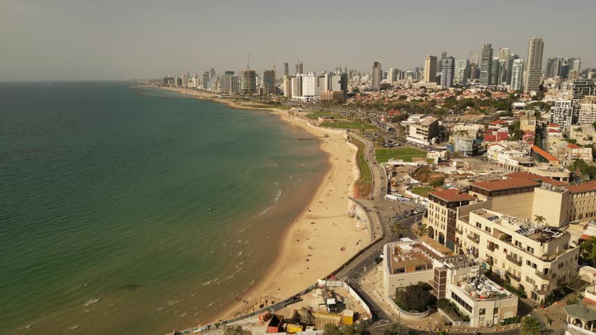 Aerial View of Tel Aviv Skyline and Mediterranean Beach Jaffa Israel