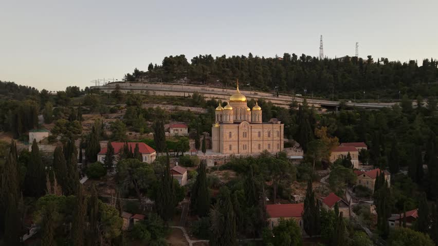 Aerial View of Ein Karem Village and Church in Jerusalem Israel at Golden Hour