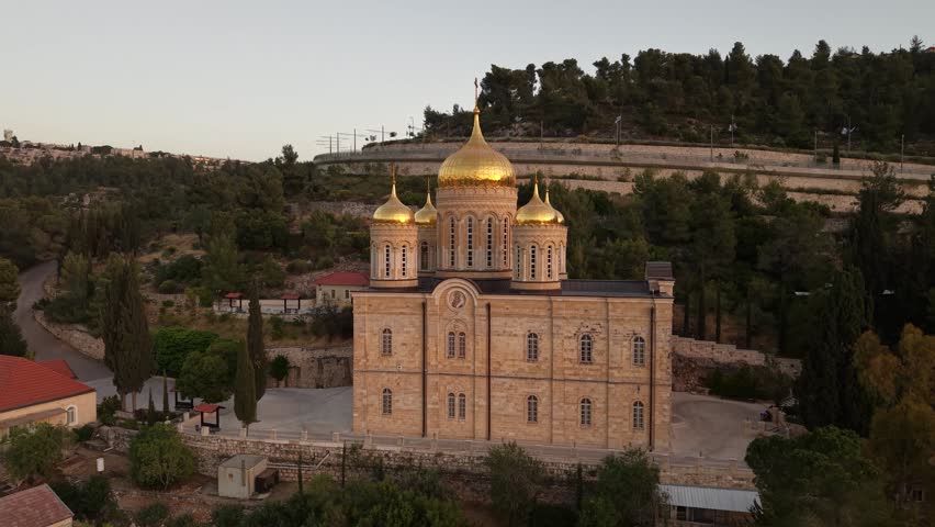 Aerial View of Ein Karem Village and Church in Jerusalem Israel at Golden Hour