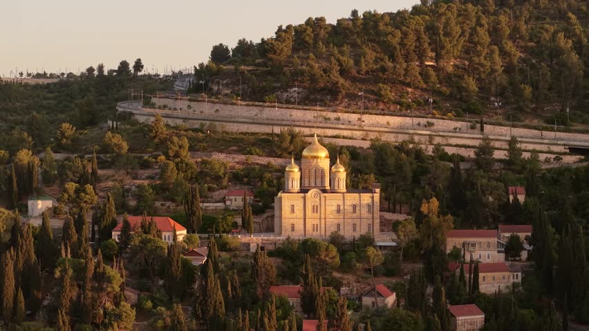 Aerial View of Ein Karem Village and Church in Jerusalem Israel at Golden Hour