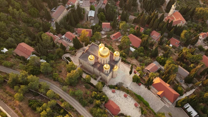 Aerial View of Ein Karem Village and Church in Jerusalem Israel at Golden Hour