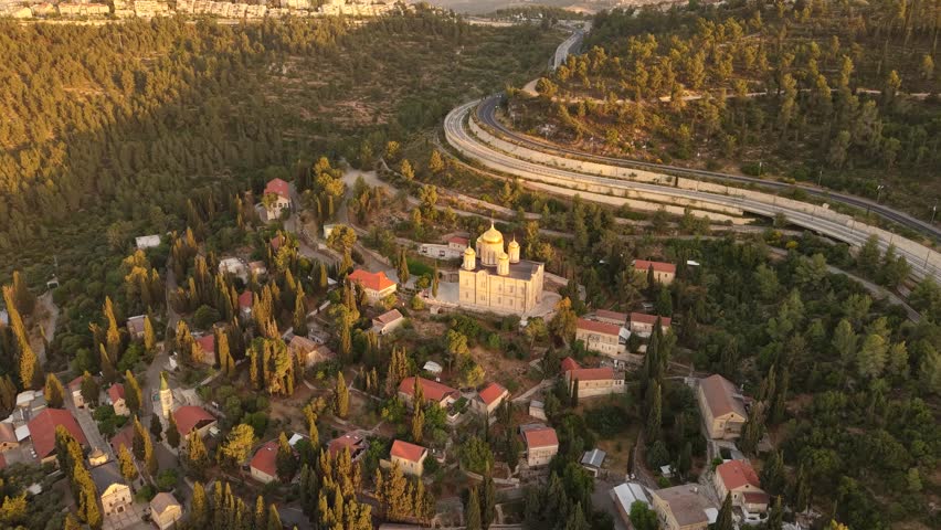 Aerial View of Ein Karem Village and Church in Jerusalem Israel at Golden Hour