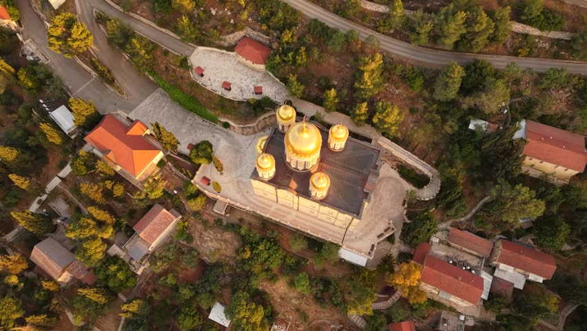 Aerial View of Ein Karem Village and Church in Jerusalem Israel at Golden Hour