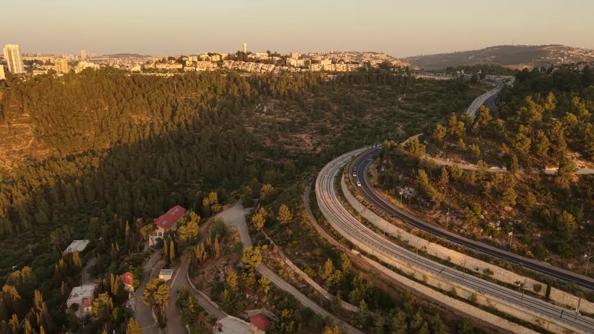 Aerial View of Ein Karem Village and Church in Jerusalem Israel at Golden Hour