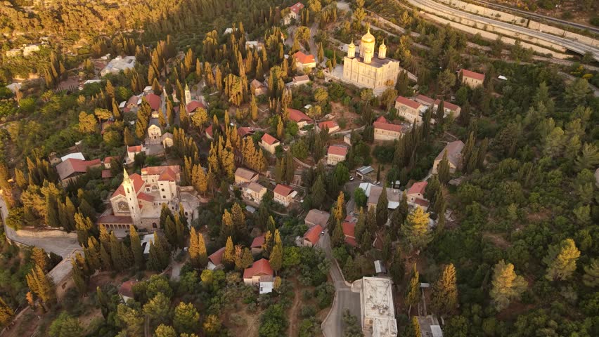 Aerial View of Ein Karem Village and Church in Jerusalem Israel at Golden Hour