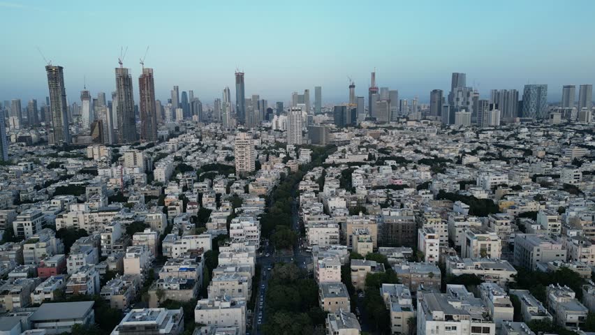 Aerial View of Tel Aviv Skyline and Mediterranean Beach Coast Israel
