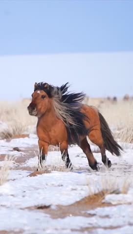 A wild horse with a flowing mane gallops energetically across a snowy, open landscape under a clear sky, capturing motion and natural beauty in a winter setting.