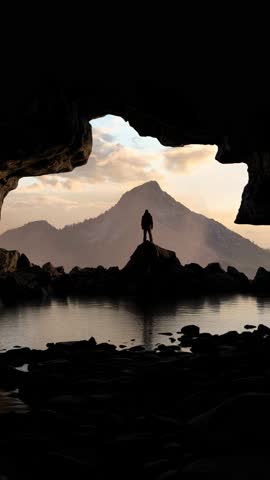 Adventurous Explorer Stands on Rock, Overlooking Majestic Mountain Range from Cave Entrance at Sunset