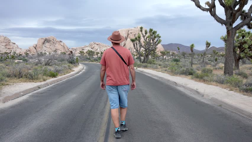 Solitary man enjoying a walk on a paved road through the desert landscape of hidden valley in joshua tree national park, surrounded by unique rock formations and yucca brevifolia plants