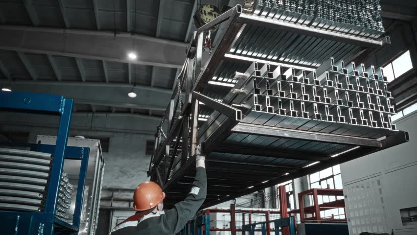 Aluminum Profile Handling In Factory. Operator Guiding Metal Profiles During Industrial Assembly Process