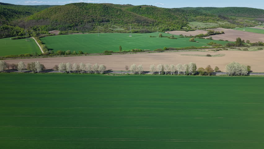 An expansive aerial view of vibrant green agricultural fields and rolling hills during the spring season in the countryside.