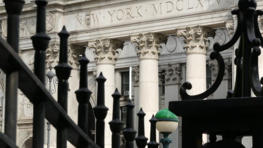 New York City Downtown Civic Center, United States of America. Manhattan municipal building 1914, old historic architecture. Government administration authority. Center and Chambers street. Columns.