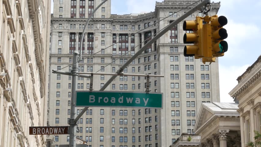 New York City Downtown Civic Center, United States of America. Manhattan municipal building 1914 old historic architecture. Government administration authority. Broadway street sign, Chambers street.