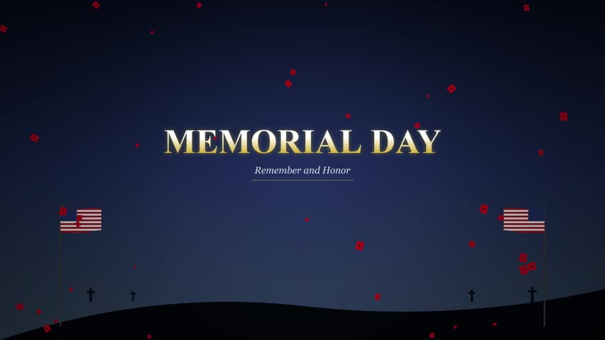 Memorial Day background with falling poppies and waving American flags