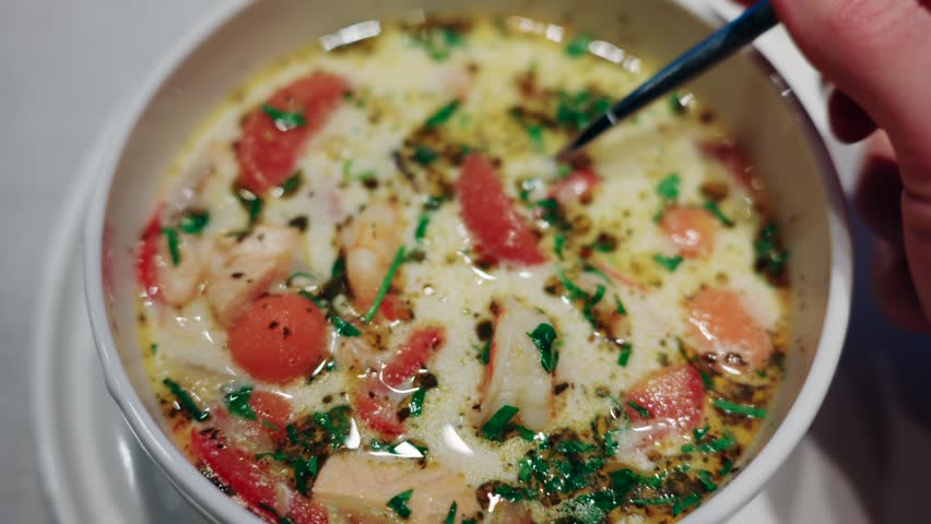 Delicious creamy seafood soup with shrimp, salmon, and tomatoes, dynamic motion of spoon stirring.
