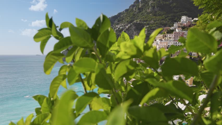 Pastel houses sit on steep cliffs of Positano, Amalfi Coast, Italy. Green leaves frame Tyrrhenian Sea in Positano, Italy. Town architecture borders blue water on Amalfi Coast, Positano, Italy