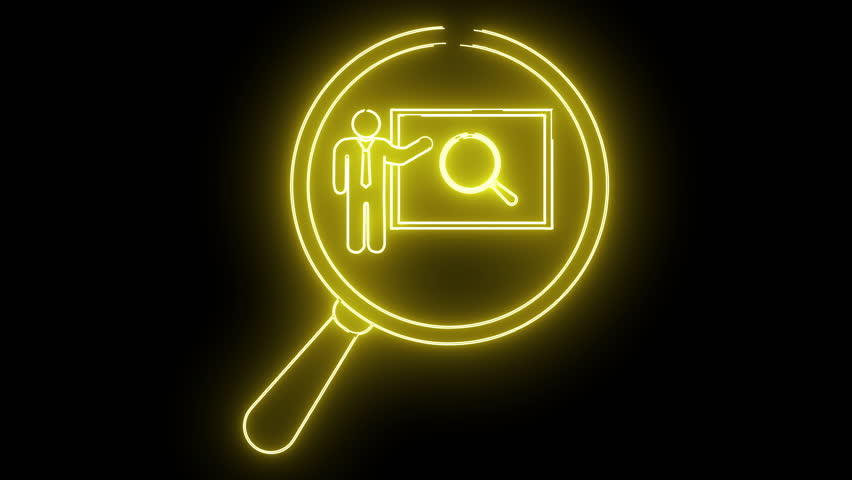 A yellow neon image features a magnifying glass framing a person presenting a magnifying glass on a whiteboard
