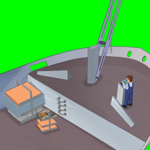 Cartoon Construction Crane Lifting Building Materials on Green Screen Background
