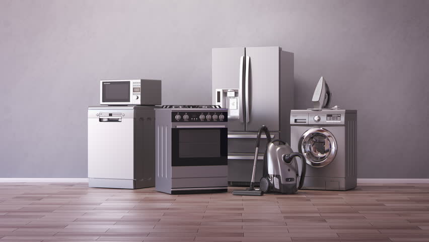 Household and kitchen appliances and home technics in an empty room . E-commerce online internet store, delivery and moving concept. 3d lvideo animation