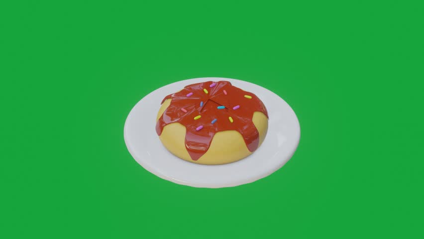 delicious 3d chocolate donut rotating on a white plate with smooth render animation effect.