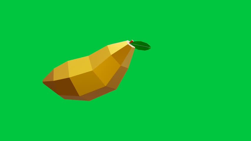 Stylized low-poly mango with a green leaf spinning in a seamless loop. High-quality 3D rendering isolated on a chroma key green background.