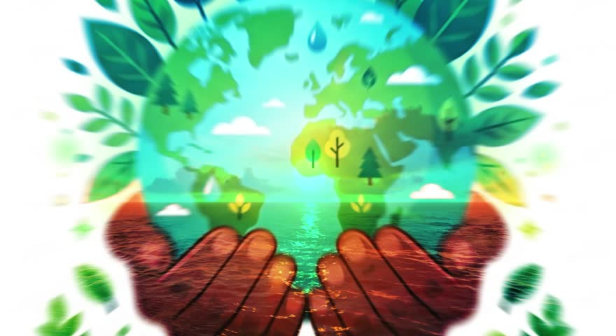 Hands holding planet earth with green leaves and environment sustainability concept vector illustration