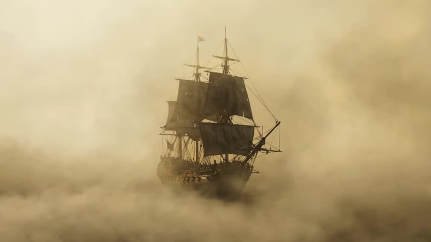 Vintage pirate ship sailing on a foggy sea at sunrise