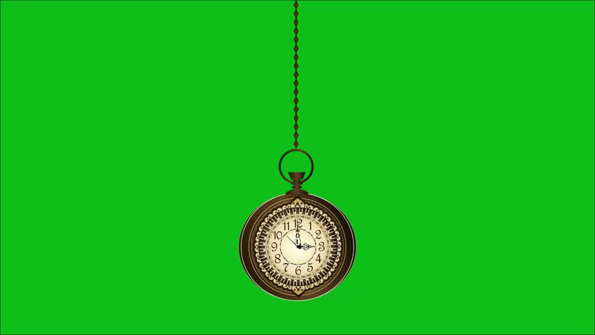 An antique pocket watch with ornate detailing hangs from a metal chain against a solid green backdrop. The watch face displays Roman numerals and hands indicating the time.