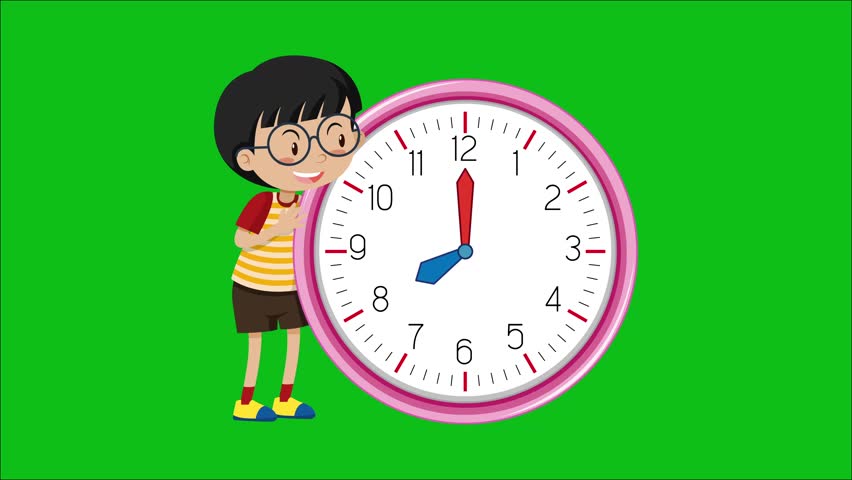 Flat design illustration of a young cartoon boy wearing glasses and striped shirt gesturing toward an oversized pink clock with blue hands against a solid green backdrop.