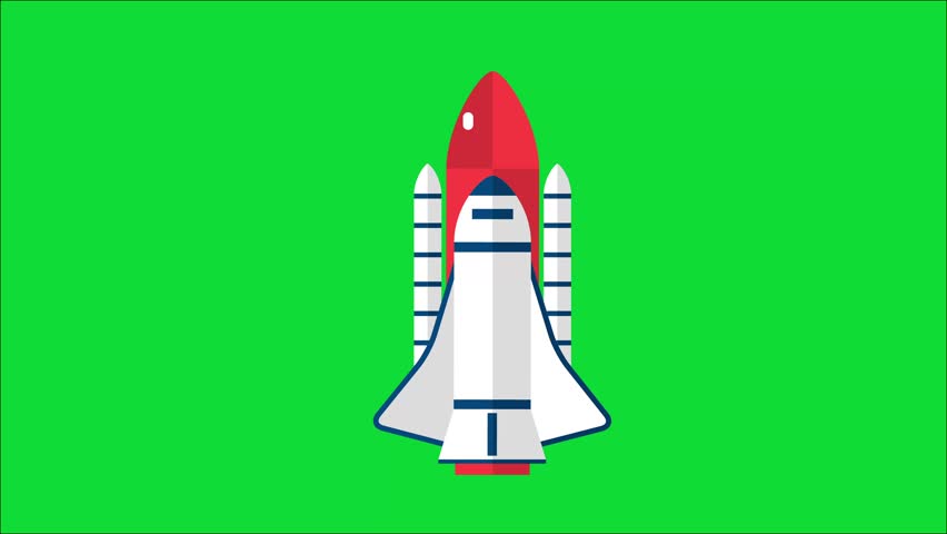 Digital illustration of a stylized white and red rocket taking off against a solid green background, featuring a visible flame exhaust.